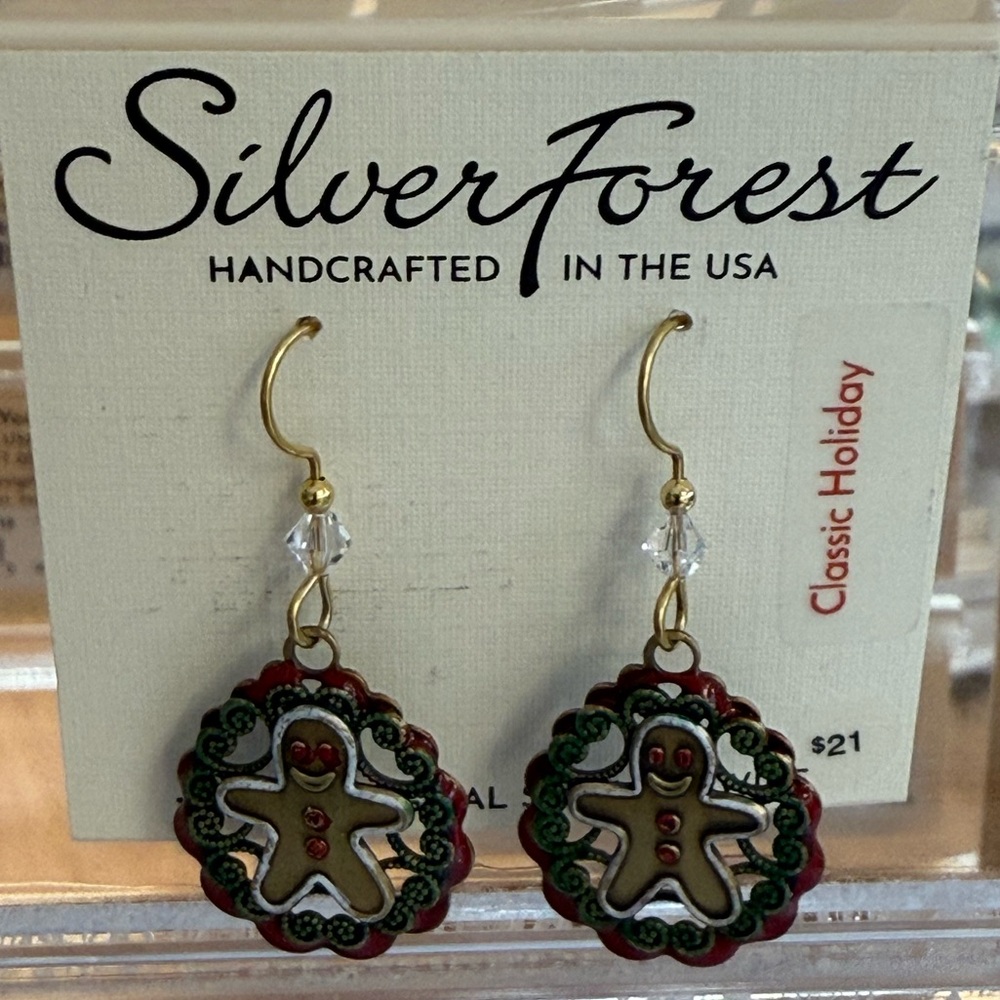 Silver Forest Red Gingerbread Man 18KGold/Surgical Steel Wire Dangle Earrings